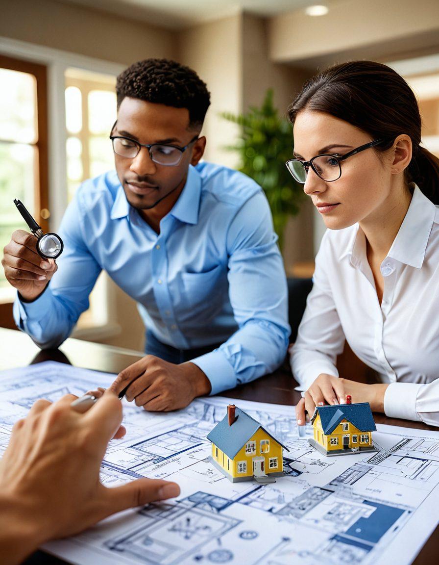A thoughtful individual holding a magnifying glass, examining a house blueprint while a diverse group of real estate agents debate in the background. The setting includes a cozy office filled with house models and market charts. Warm, inviting colors to evoke trust and professionalism. super-realistic. soft lighting.