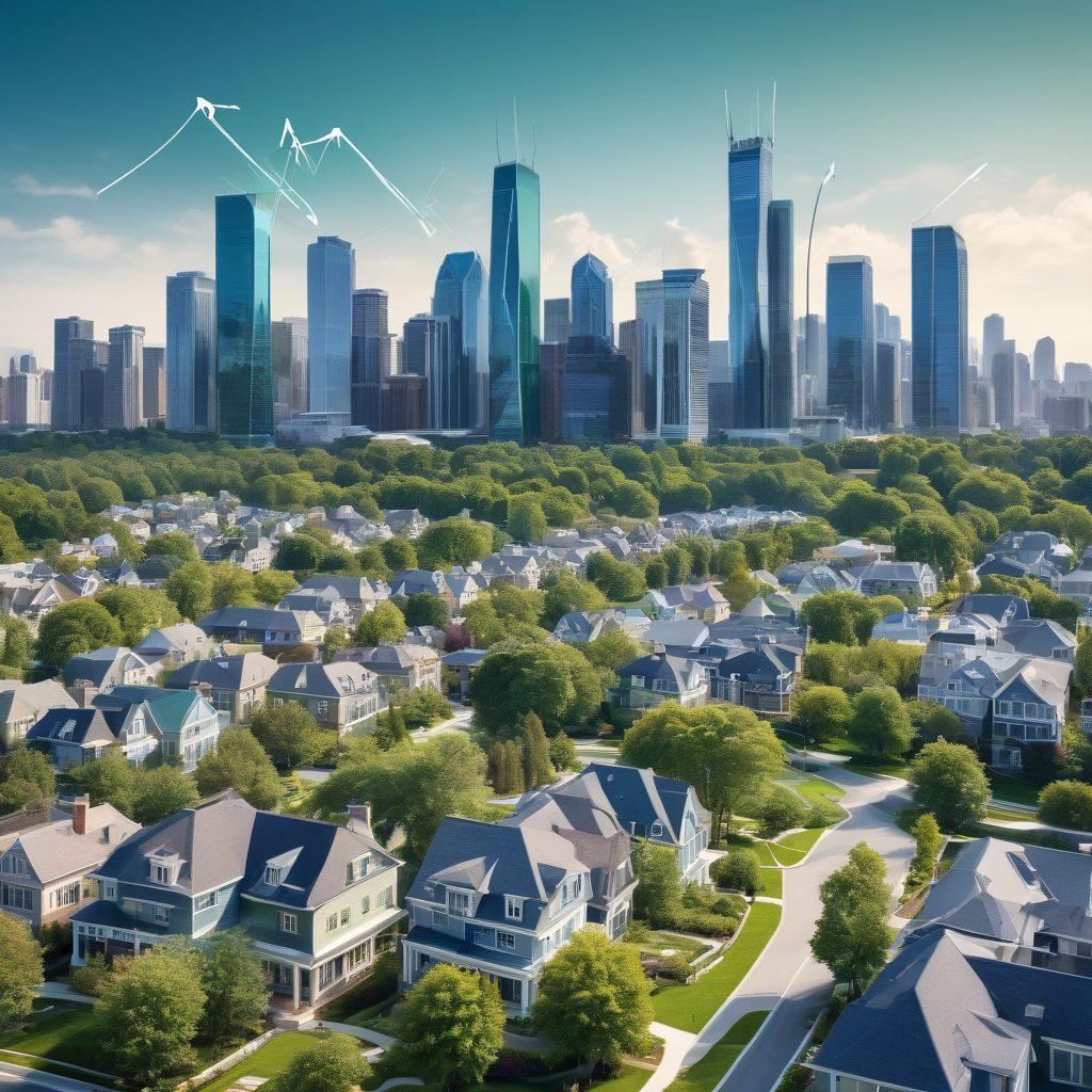 A dynamic split-screen image featuring a bustling city skyline on one side and a serene suburban neighborhood on the other, highlighting the contrast between urban and rural real estate trends. Incorporate charts and graphs overlaying the scene to represent market data and trends visually. Include subtle hints of technological advancements like smart homes and green buildings. The color palette should be modern and sleek, with vibrant blues and greens to convey growth and opportunity. super-realistic. vibrant colors. white background.