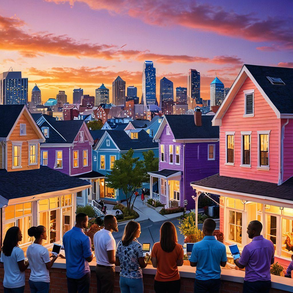 A dynamic city skyline showcasing modern residential buildings and charming houses under a vibrant, sunset sky. Include diverse people engaged in activities like discussing real estate, looking at listings, and touring properties. Emphasize a balance of buyers and sellers to reflect a thriving market. Incorporate symbols of navigation like a compass and a map overlay. colorful illustrations. vibrant colors. digital art.